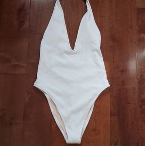 Aerie Ribbed Deep Plunge One Piece Swimsuit White Small